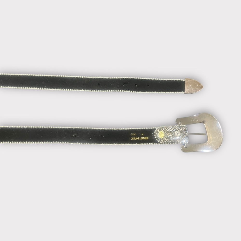 Black and Silver Beaded Rhinestone Leather Belt - Picture 5 of 5